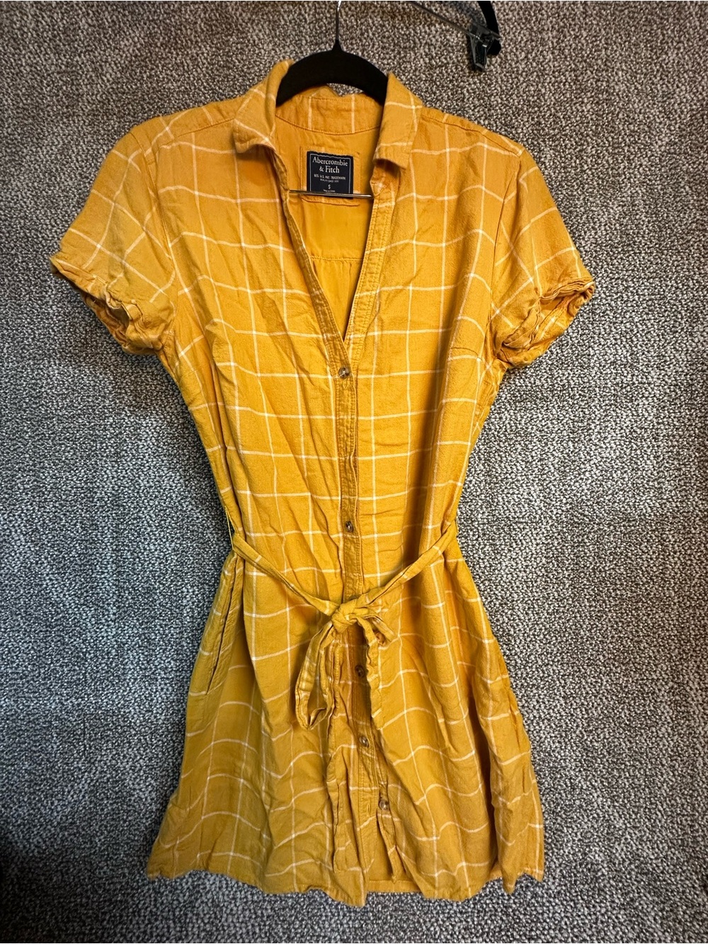 Abercrombie & Fitch Mustard Yellow Windowpane Button-Front Mini Dress